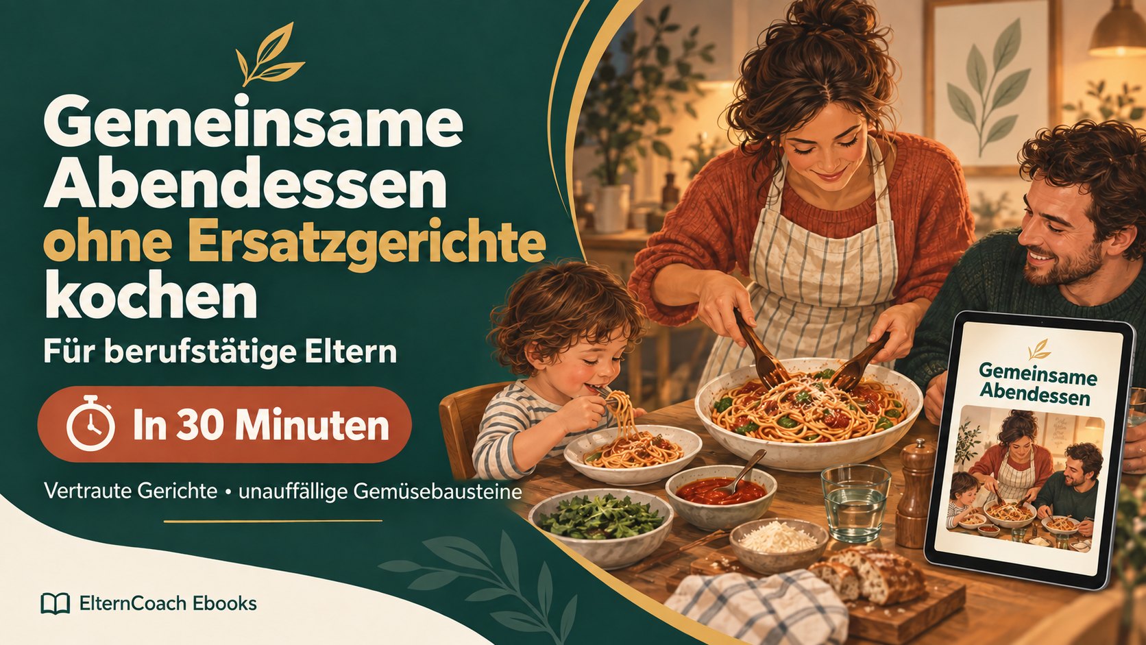 Cover „Gemeinsame Abendessen ohne Ersatzgerichte kochen“: Familie beim gemeinsamen Nudelessen am Küchentisch