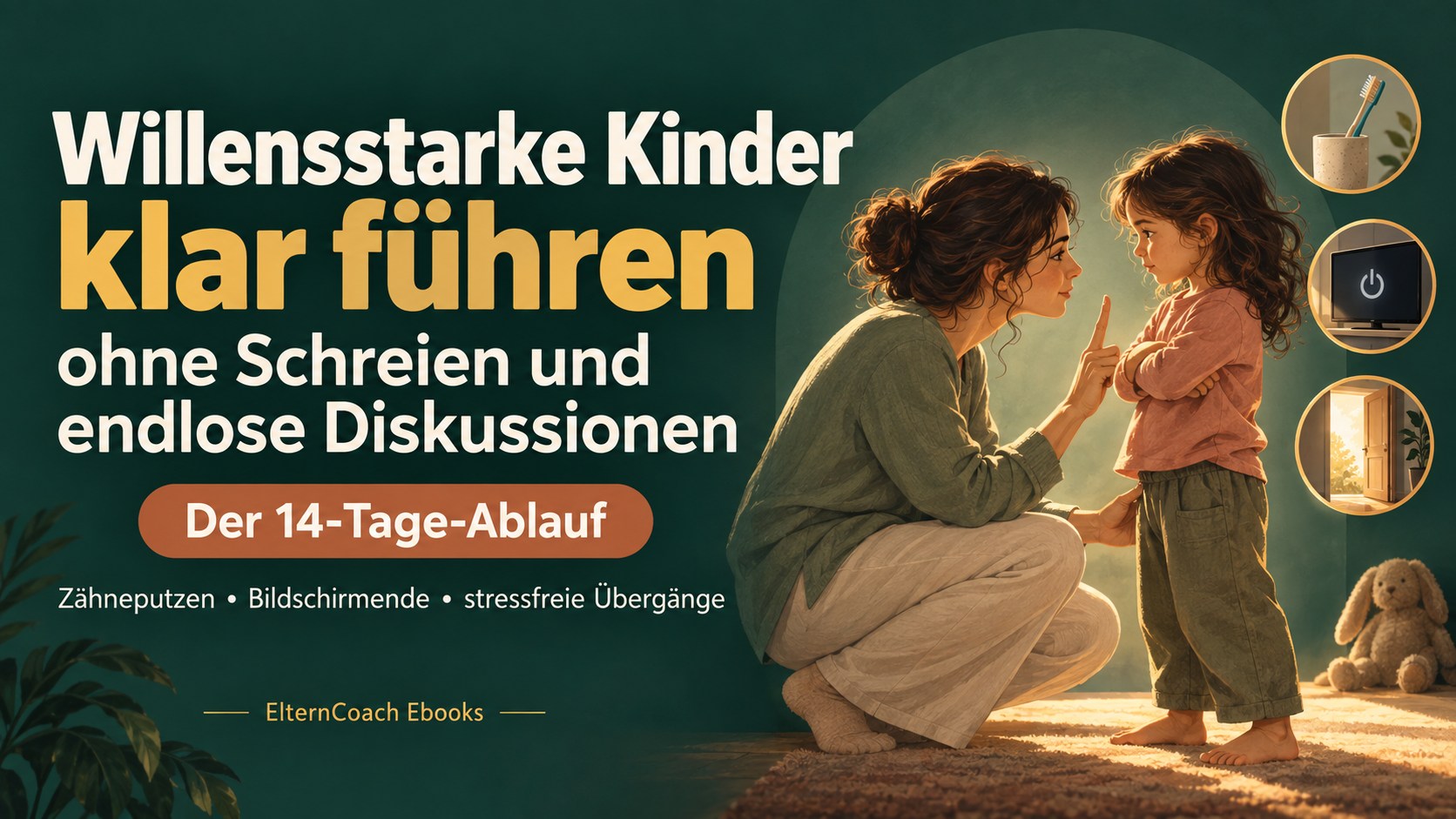 Cover „Willensstarke Kinder klar führen“: Mutter kniet vor ihrer Tochter und hält ruhig eine Grenze, während das Mädchen mit verschränkten Armen protestiert