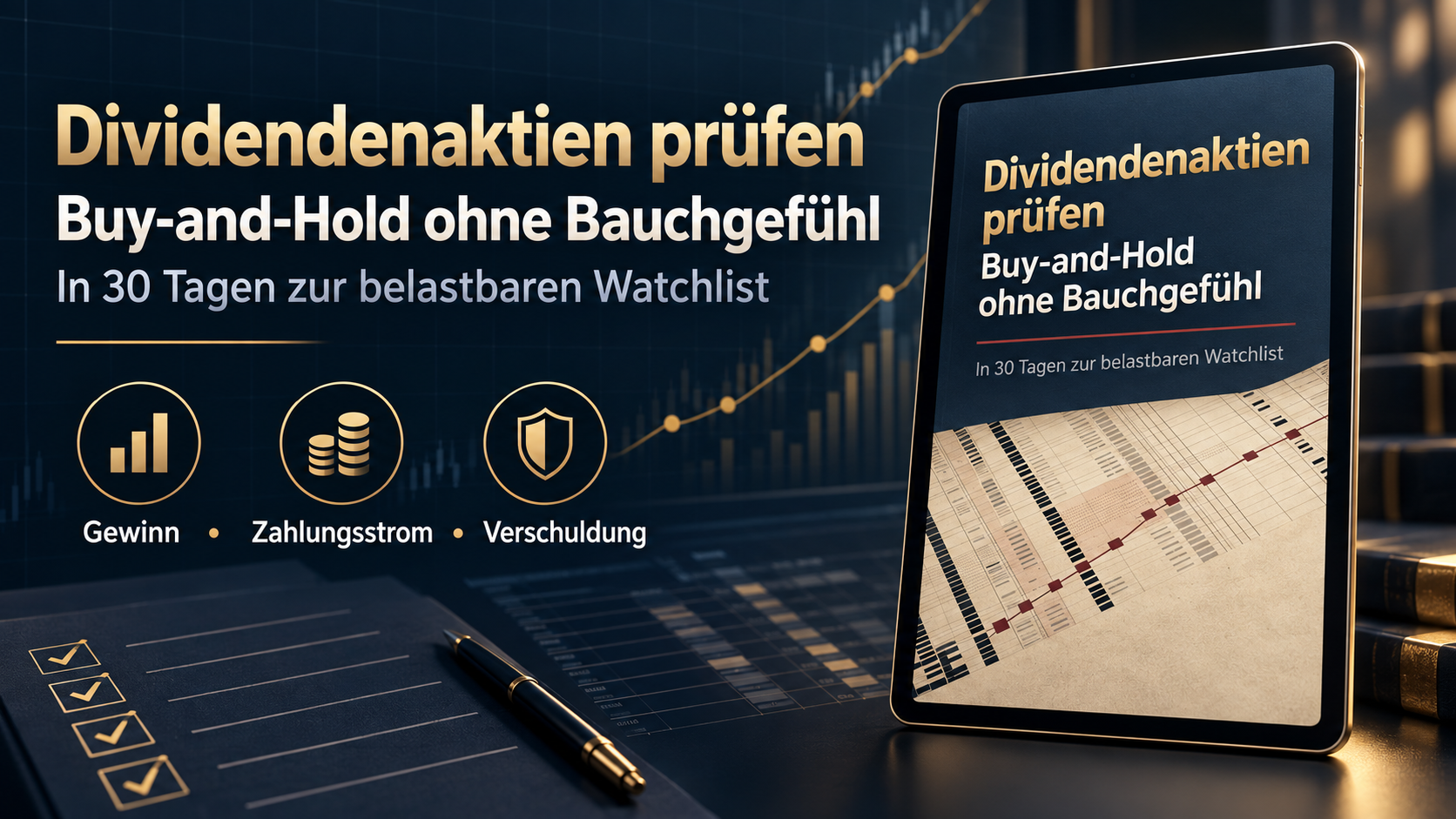 Ebook-Cover „Dividendenaktien pr&uuml;fen – Buy-and-Hold ohne Bauchgef&uuml;hl“ auf einem Tablet, daneben eine Checkliste mit den Bereichen Gewinn, Zahlungsstrom, Verschuldung