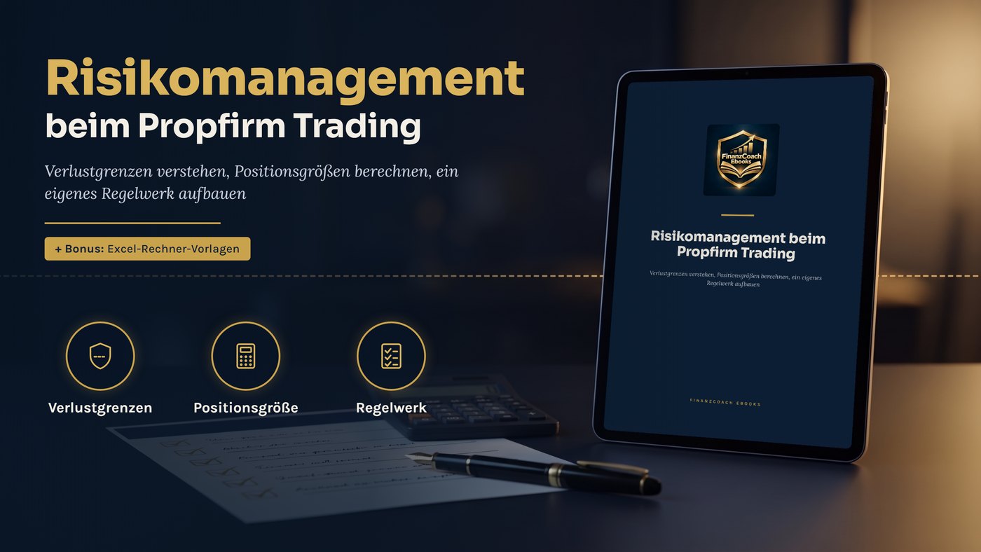 Ebook-Cover „Risikomanagement beim Propfirm Trading“ auf einem Tablet, daneben die Bereiche Verlustgrenzen, Positionsgröße und Regelwerk